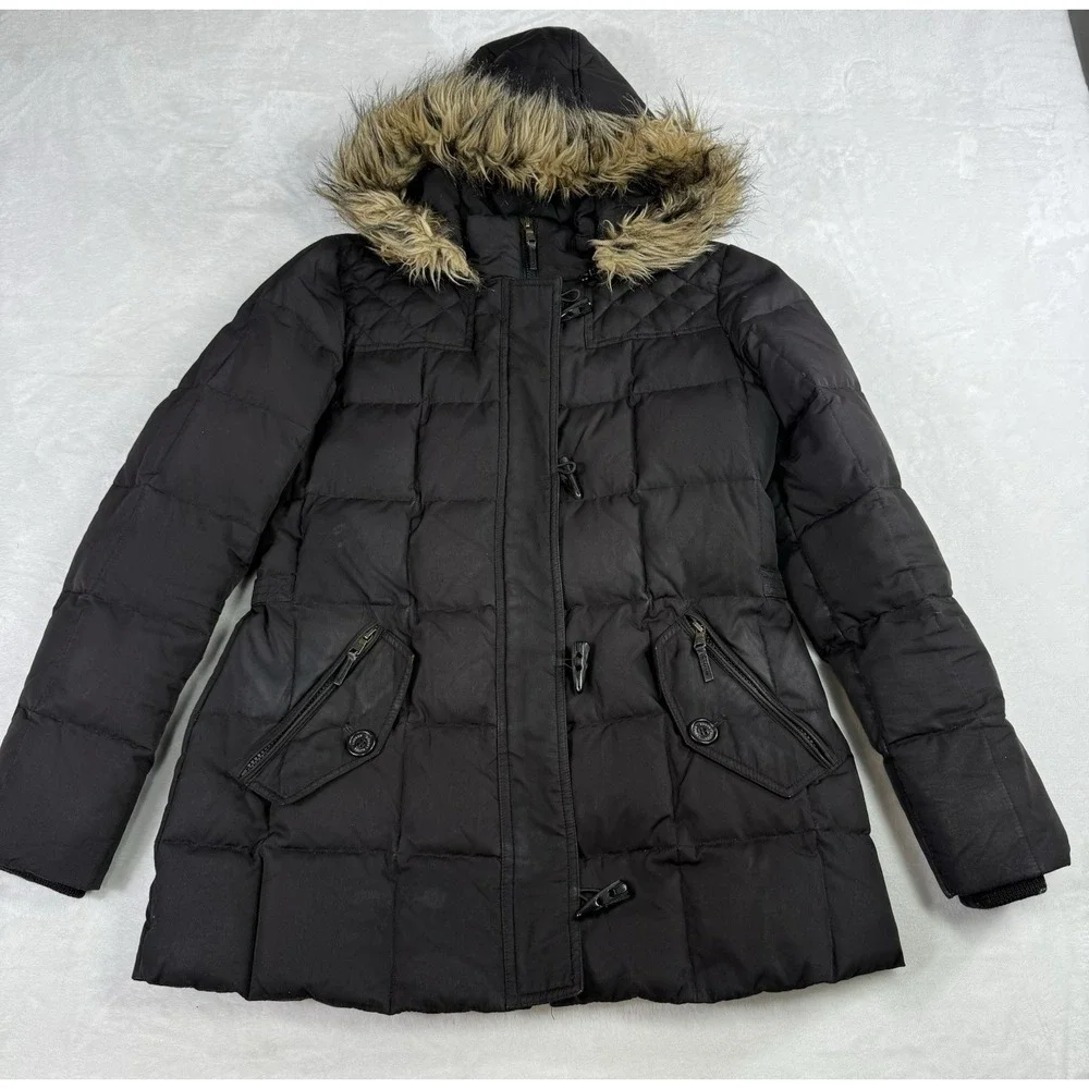 Lauren Ralph Lauren Puffer Down Jacket Womens Small Black‎ Quilted Fur Trim Hood